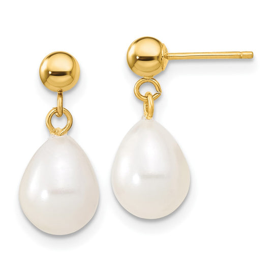 10k 7-8mm White Rice Freshwater Cultured Pearl 18 inch Necklace and Bead Post Dangle Earring Set