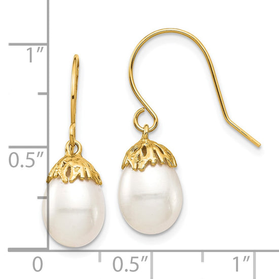 10K 7-8mm White Rice Freshwater Cultured Pearl Dangle Earrings