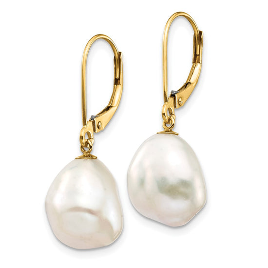 10K 10x12mm White Keshi Freshwater Cultured Pearl Leverback Earrings