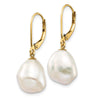 10K 10x12mm White Keshi Freshwater Cultured Pearl Leverback Earrings