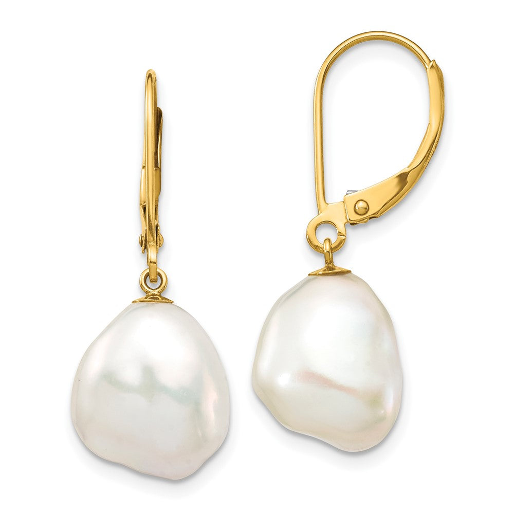 10K 10x12mm White Keshi Freshwater Cultured Pearl Leverback Earrings