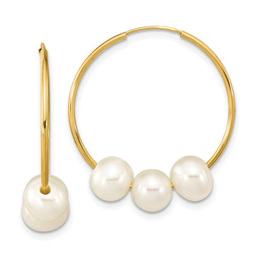 10k 6-7mm White Semi-Round Freshwater Cultured Pearl Hoop Dangle