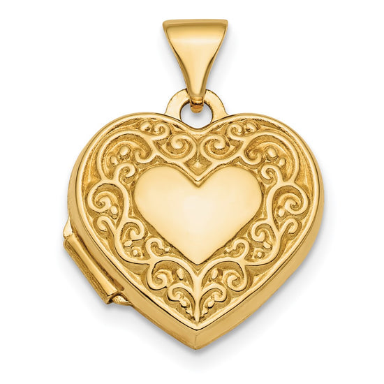10k 15mm Polished Fancy Scroll Design Front and Back Heart Locket