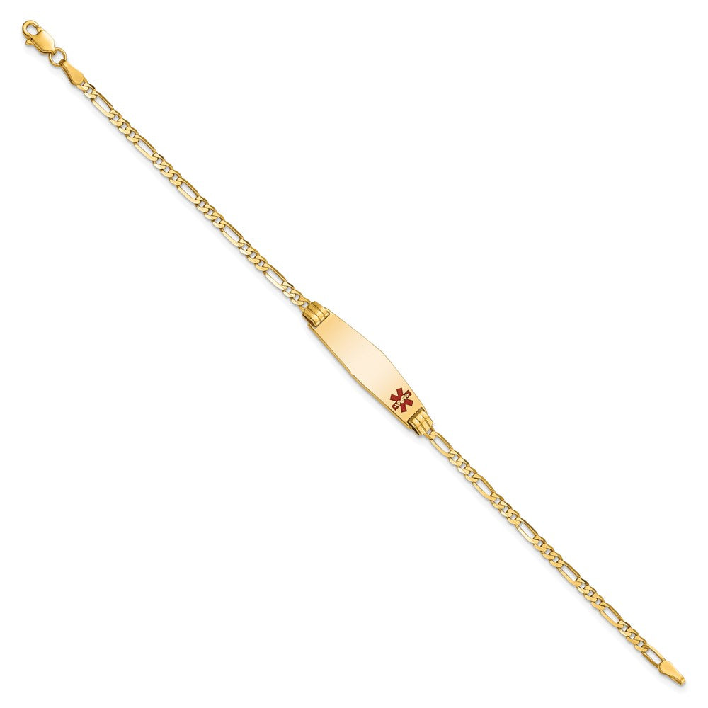 10k Medical Solid Chain/Solid Plate 26x7mm Soft Diamond Shape Off-Center Red Enamel Figaro Link 8 inch ID Bracelet