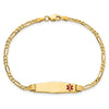 10k Medical Solid Chain/Solid Plate 26x7mm Soft Diamond Shape Off-Center Red Enamel Figaro Link 8 inch ID Bracelet
