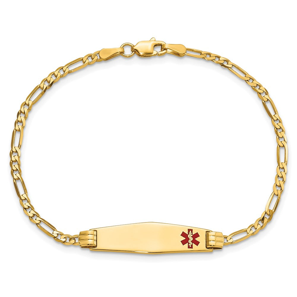 10k Medical Solid Chain/Solid Plate 26x7mm Soft Diamond Shape Off-Center Red Enamel Figaro Link 8 inch ID Bracelet