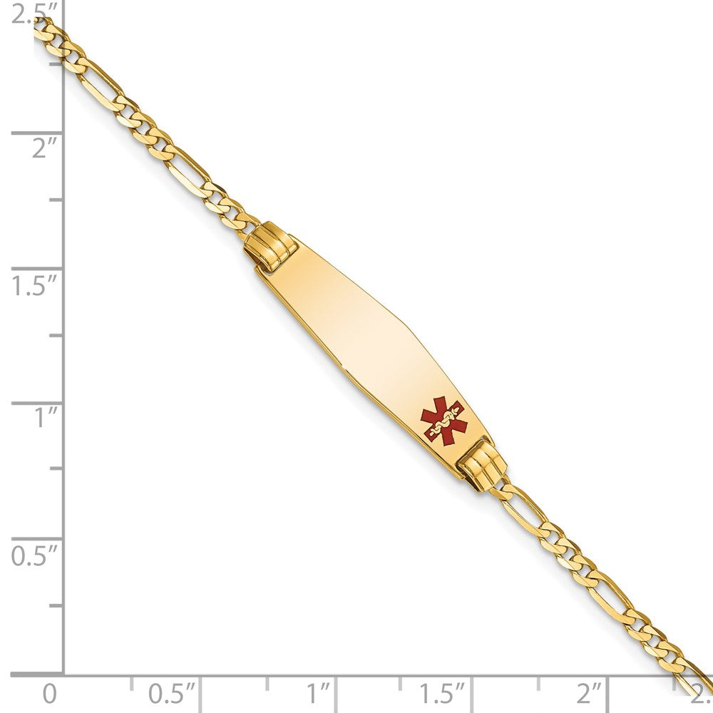 10k Medical Solid Chain/Solid Plate 26x7mm Soft Diamond Shape Off-Center Red Enamel Figaro Link 7 inch ID Bracelet