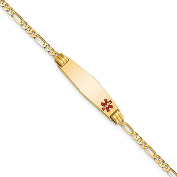 10k Medical Solid Chain/Solid Plate 26x7mm Soft Diamond Shape Off-Center Red Enamel Figaro Link 8 inch ID Bracelet