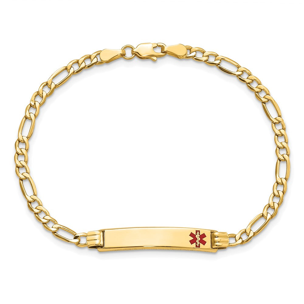 10k Medical Semi-Solid Chain/Solid Plate 26x5mm Off-Center Red Enamel Figaro Link 8 inch ID Bracelet