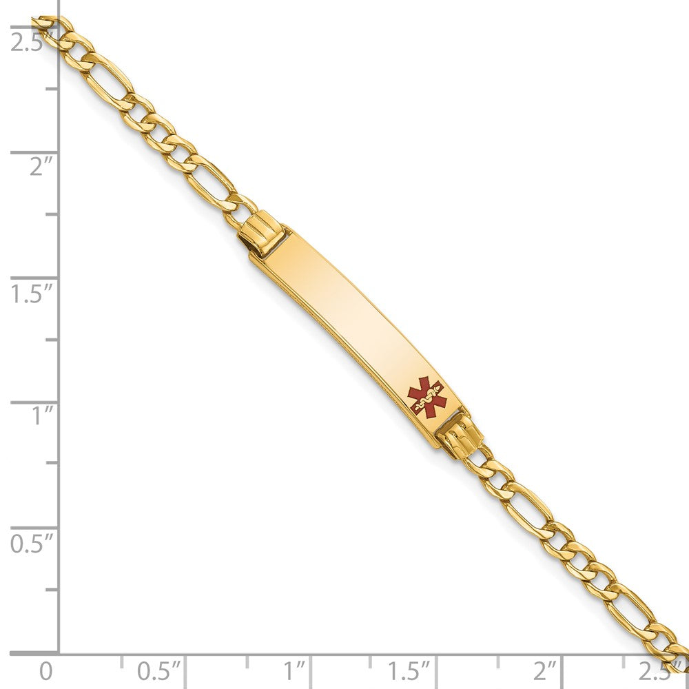 10k Medical Semi-Solid Chain/Solid Plate 26x5mm Off-Center Red Enamel Figaro Link 7 inch ID Bracelet