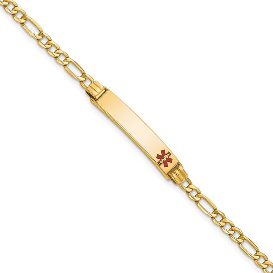 10k Medical Semi-Solid Chain/Solid Plate 26x5mm Off-Center Red Enamel Figaro Link 7 inch ID Bracelet