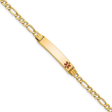 10k Medical Semi-Solid Chain/Solid Plate 26x5mm Off-Center Red Enamel Figaro Link 7 inch ID Bracelet