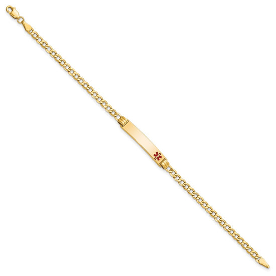10k Medical Semi-Solid Chain/Solid Plate 26x5mm Off-Center Red Enamel Cuban Link 8 inch ID Bracelet