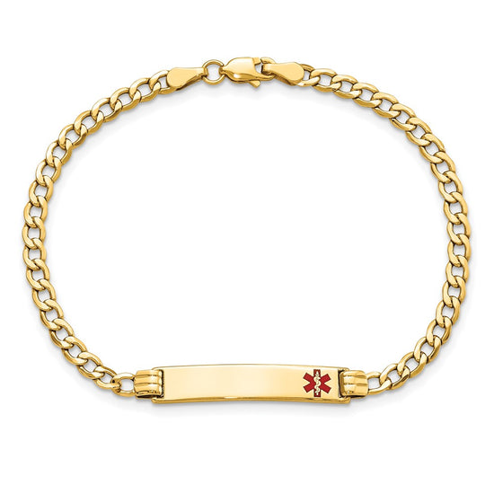 10k Medical Semi-Solid Chain/Solid Plate 26x5mm Off-Center Red Enamel Cuban Link 8 inch ID Bracelet