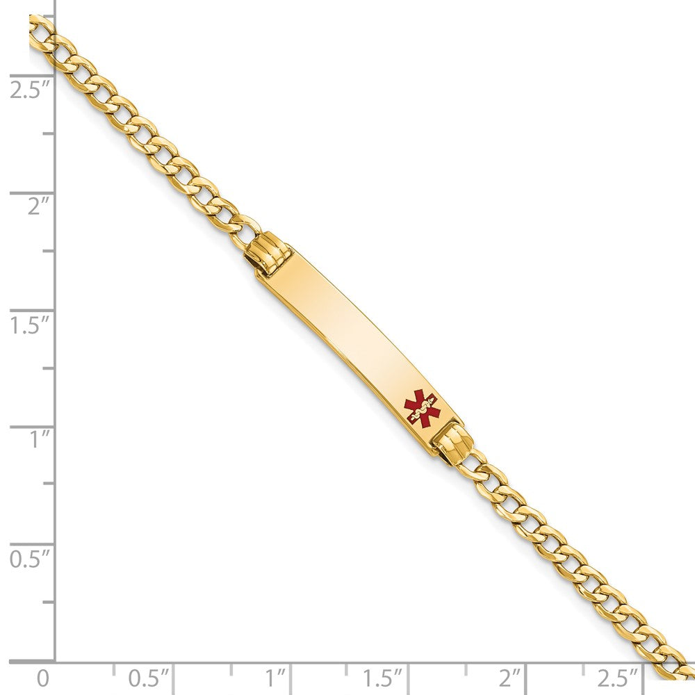 10k Medical Semi-Solid Chain/Solid Plate 26x5mm Off-Center Red Enamel Cuban Link 7 inch ID Bracelet