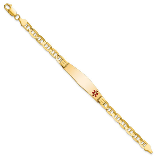 10k Medical Soft Diamond Shape Red Enamel Anchor Link ID Bracelet