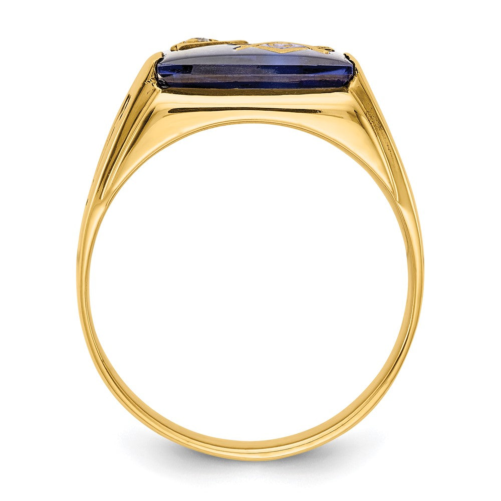 10k Mens Polished and Textured Black Enamel Imitation Blue Spinel AA Diamond Masonic Ring