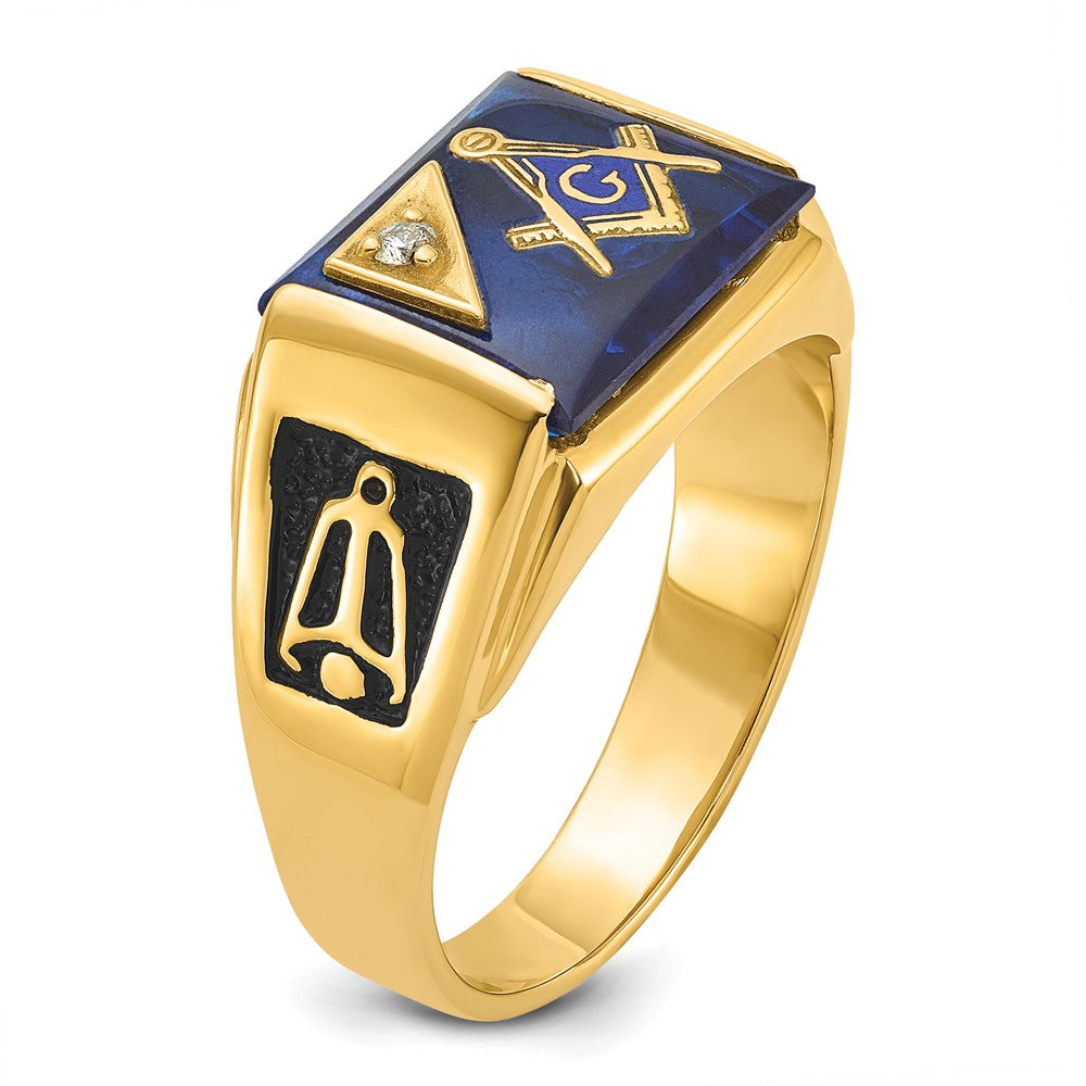 10k Mens Polished and Textured Black Enamel Imitation Blue Spinel AA Diamond Masonic Ring
