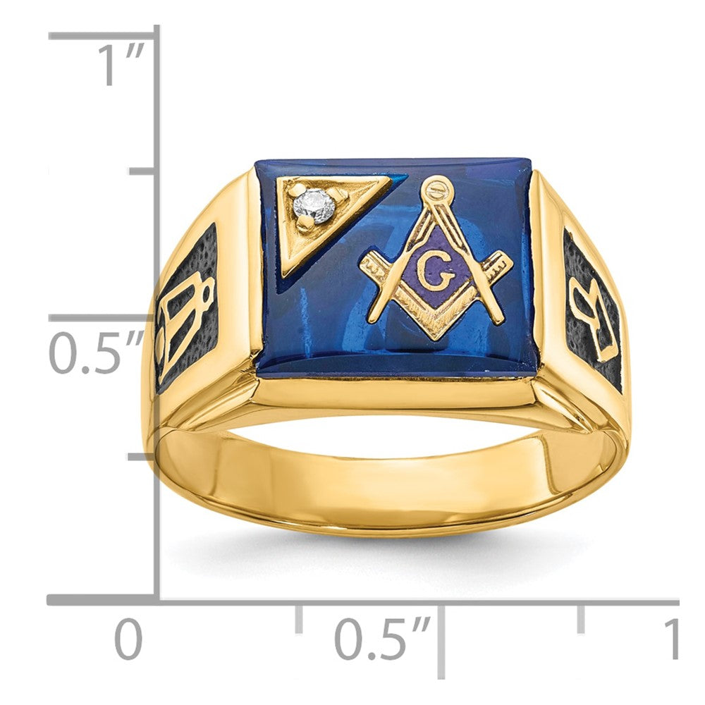 10k Mens Polished and Textured Black Enamel Imitation Blue Spinel AA Diamond Masonic Ring
