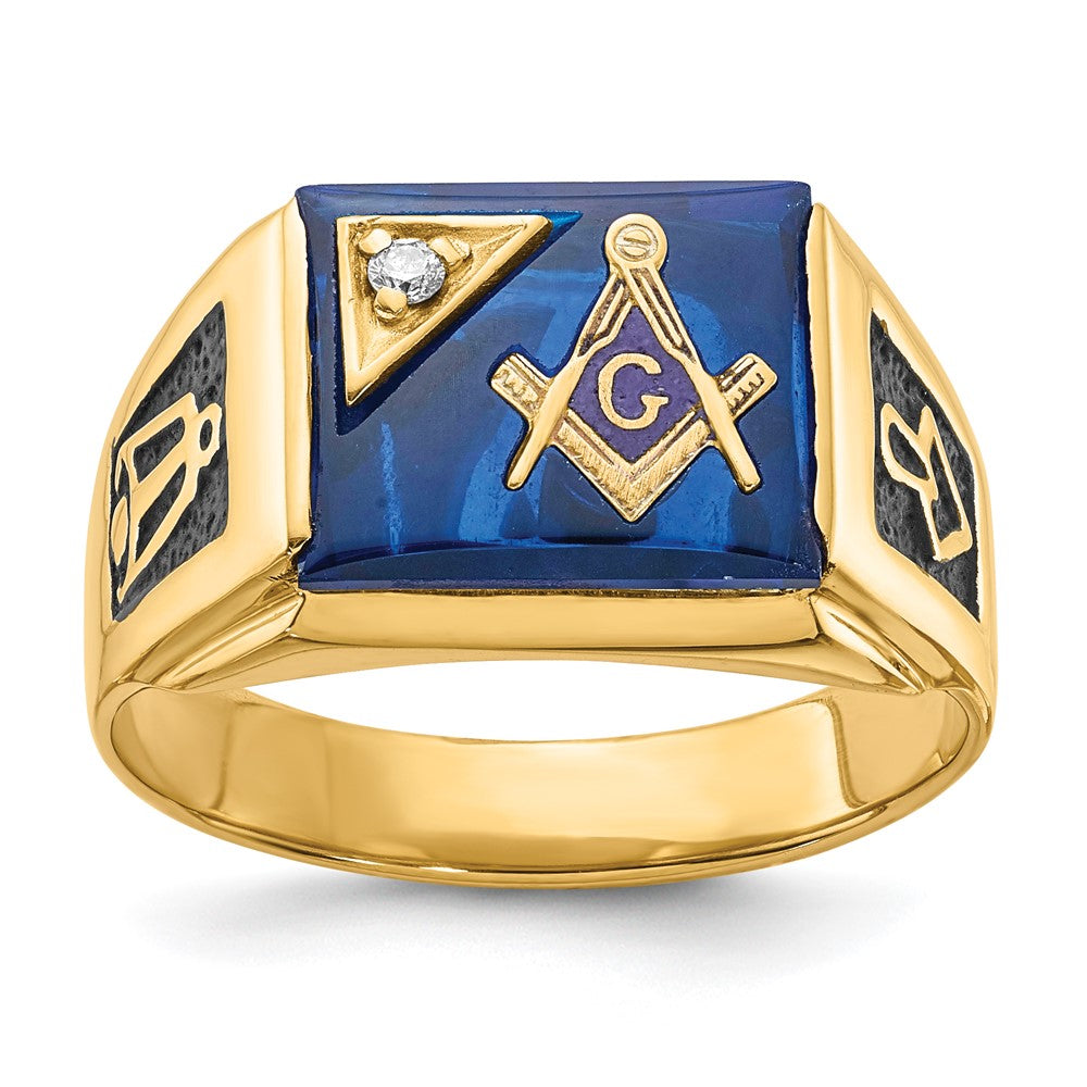 10k Mens Polished and Textured Black Enamel Imitation Blue Spinel AA Diamond Masonic Ring