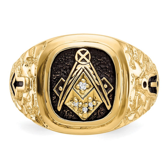 10k Polished, Antiqued and Nugget Texture AA Quality Diamond Masonic Ring