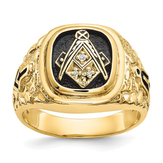 10k Polished, Antiqued and Nugget Texture AA Quality Diamond Masonic Ring
