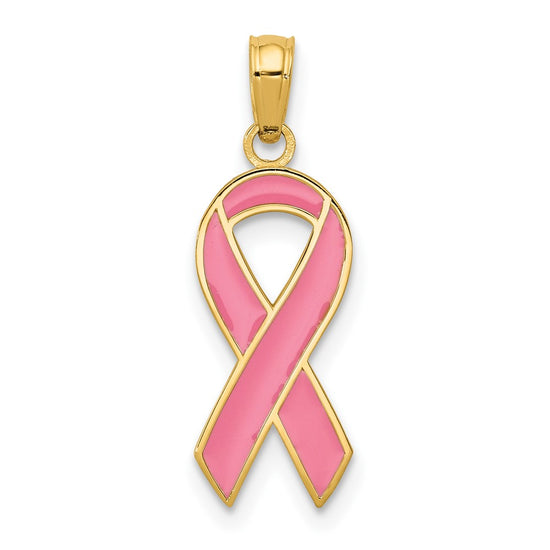 Gold Pink Enameled Awareness Ribbon Pendant