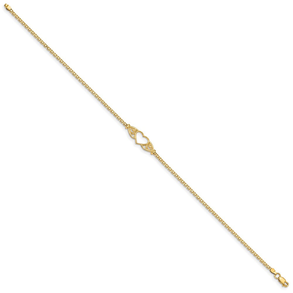 14k Polished Open Heart with Filigree and Bismark Chain 10 inch  Anklet