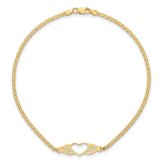 14k Polished Open Heart with Filigree and Bismark Chain 10 inch  Anklet