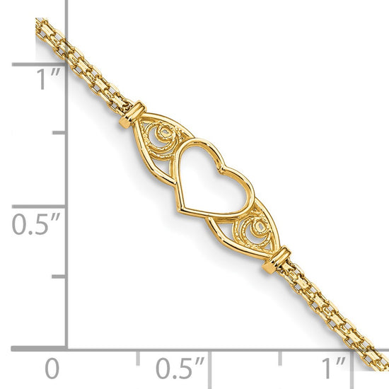14k Polished Open Heart with Filigree and Bismark Chain 10 inch  Anklet
