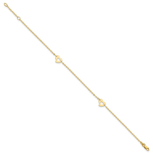 14k Polished Cut-out Heart 9 inch Plus 1 inch Extender Total 10 inch Anklet