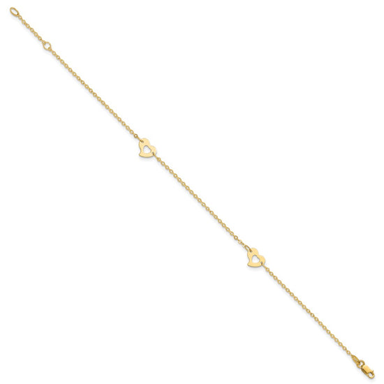 14k Polished Cut-out Heart 9 inch Plus 1 inch Extender - Total 10 inch Anklet