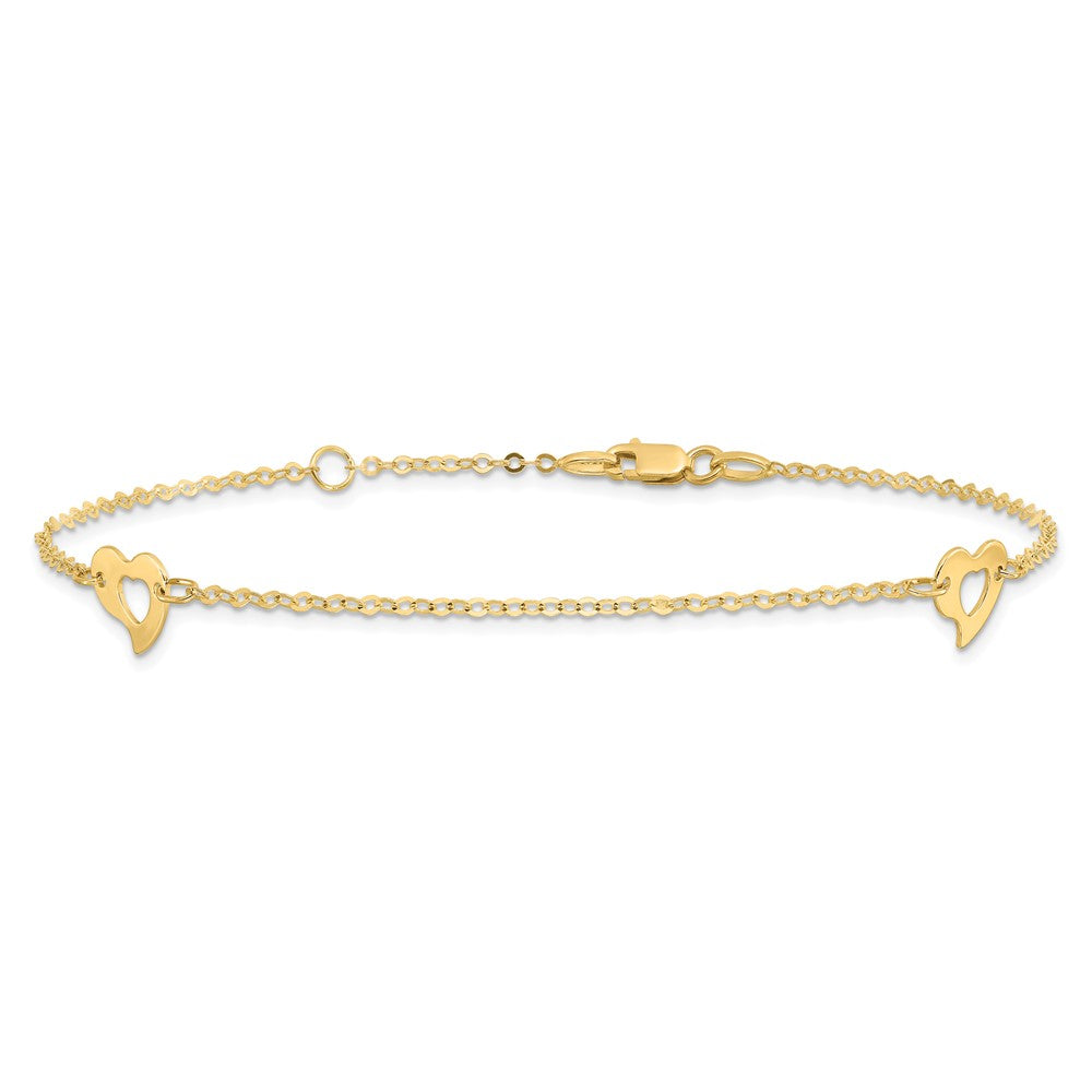 14k Polished Cut-out Heart 9 inch Plus 1 inch Extender Total 10 inch Anklet