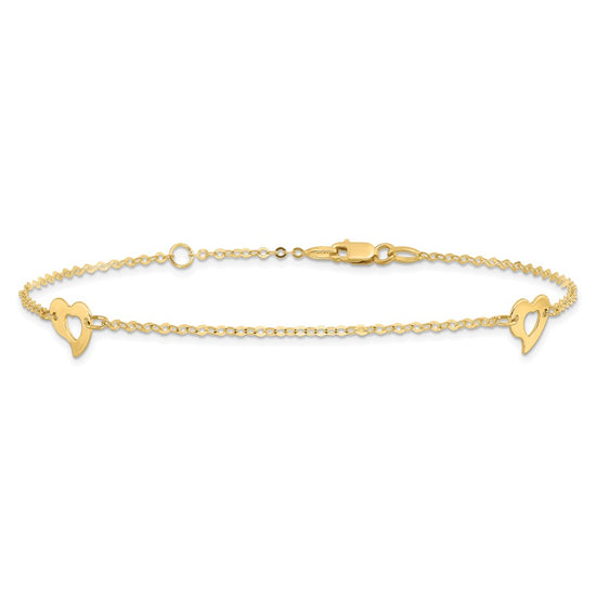 14k Polished Cut-out Heart 9 inch Plus 1 inch Extender - Total 10 inch Anklet