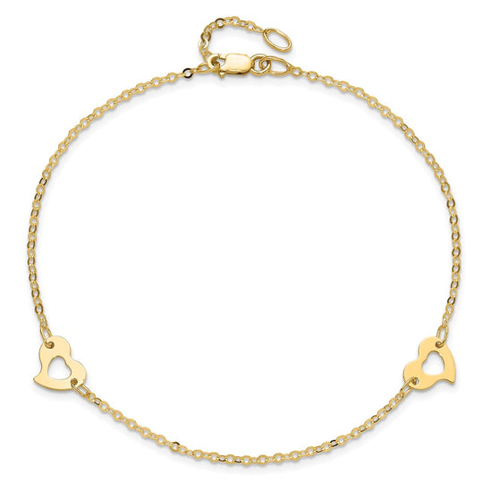 14k Polished Cut-out Heart 9 inch Plus 1 inch Extender Total 10 inch Anklet