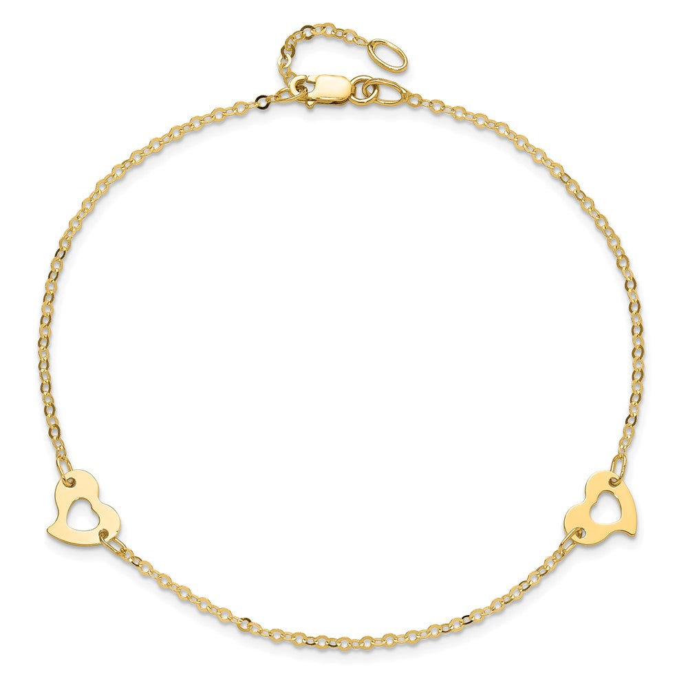 14k Polished Cut-out Heart 9 inch Plus 1 inch Extender Total 10 inch Anklet