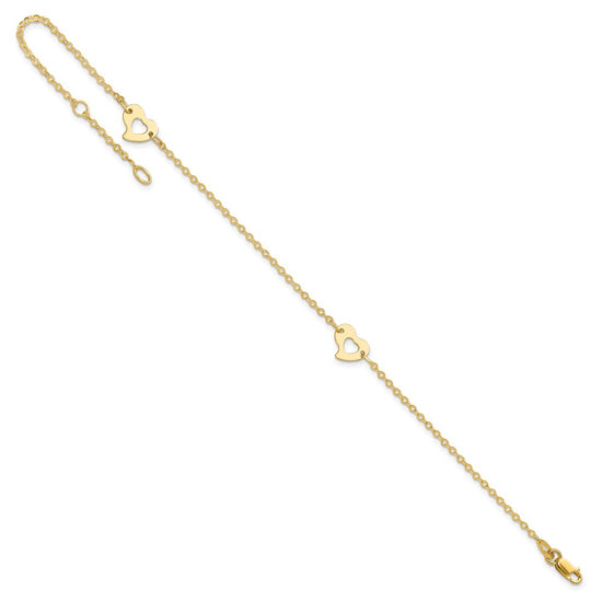 14k Polished Cut-out Heart 9 inch Plus 1 inch Extender Total 10 inch Anklet