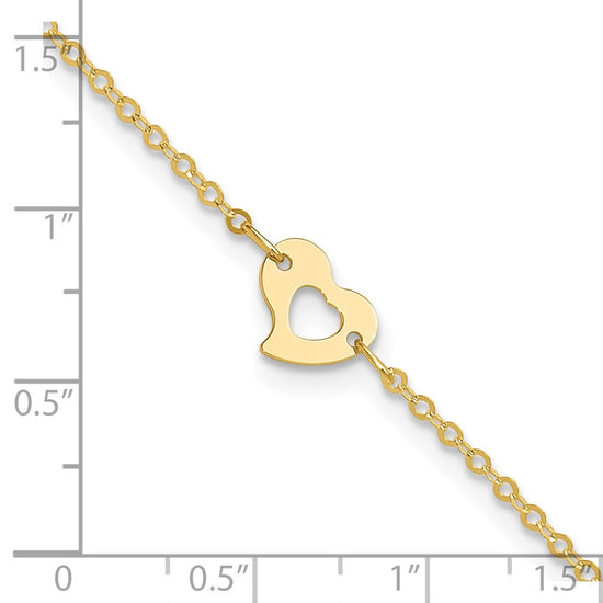 14k Polished Cut-out Heart 9 inch Plus 1 inch Extender - Total 10 inch Anklet
