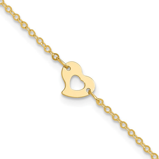 14k Polished Cut-out Heart 9 inch Plus 1 inch Extender Total 10 inch Anklet