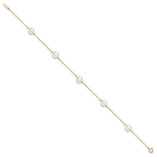 14k 7-8mm White Near Round Freshwater Cultured Pearl 5-station 10 inch Anklet