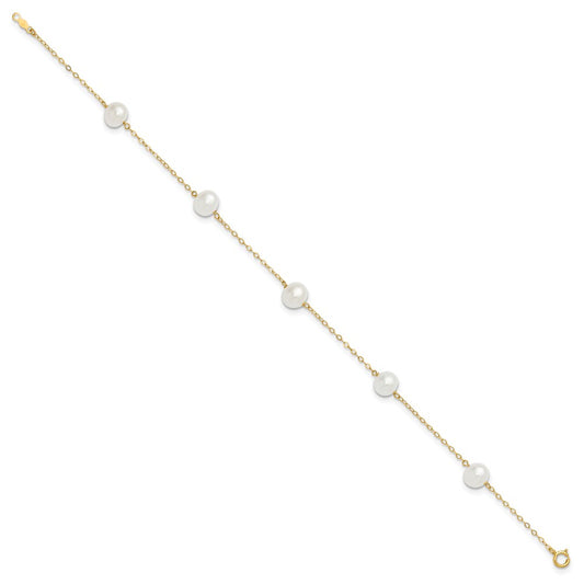 14k 7-8mm White Near Round Freshwater Cultured Pearl 5-station 10 inch Anklet