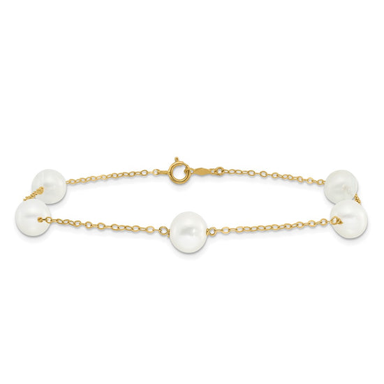 14k 7-8mm White Near-Round Freshwater Cultured Pearl 5-Station 9 inch Anklet