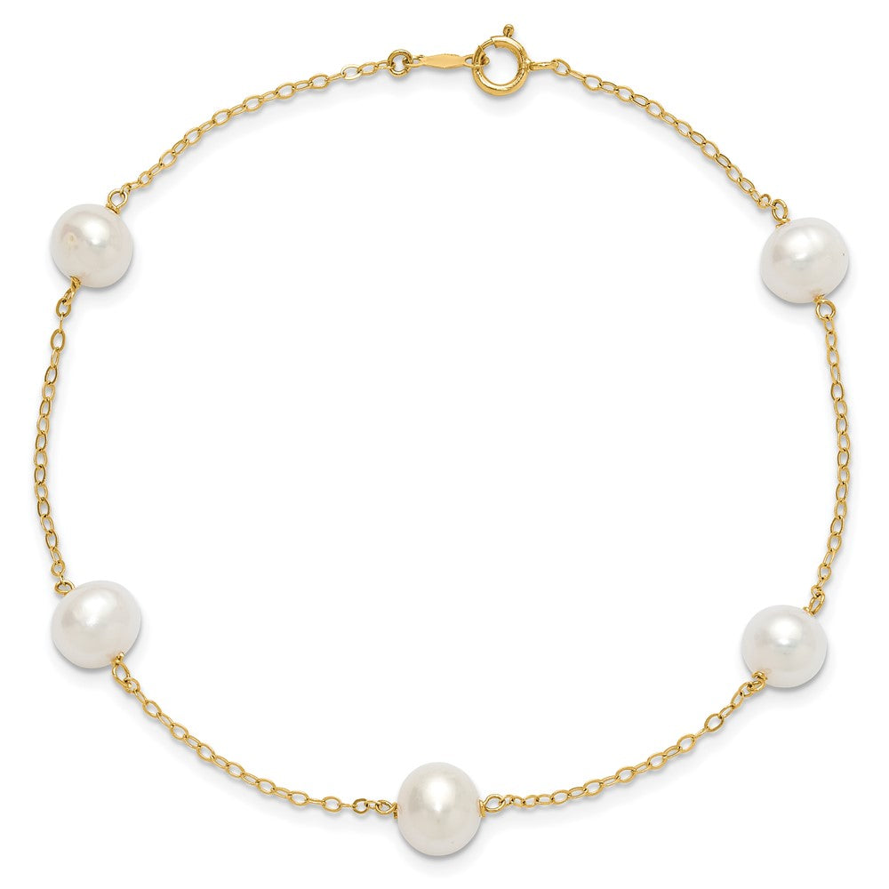 14k 7-8mm White Near Round Freshwater Cultured Pearl 5-station 10 inch Anklet