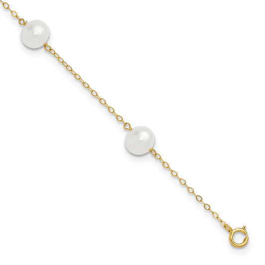 10k 7-8mm White Near Round Freshwater Cultured Pearl 5-station 10 inch Anklet