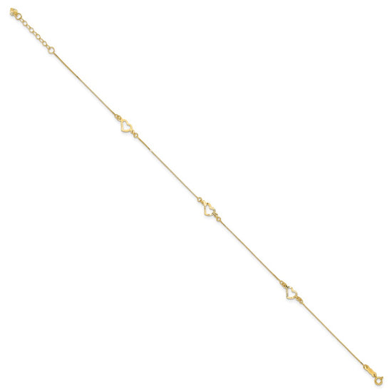 14k Diamond-cut Open Heart 3-Station 10 inch Plus 1 inch Extender - Total 11 inch Anklet