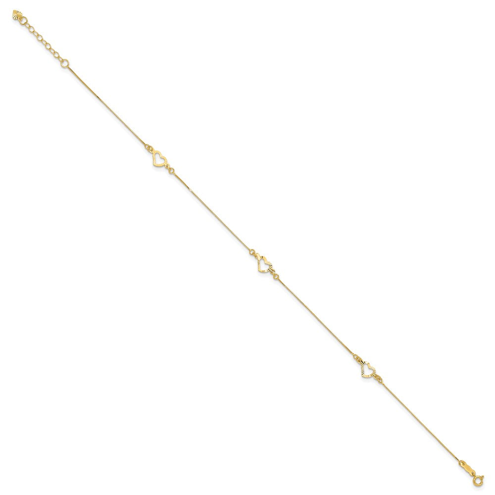 14k Diamond-cut Open Heart 3-Station 10 inch Plus 1 inch Extender - Total 11 inch Anklet