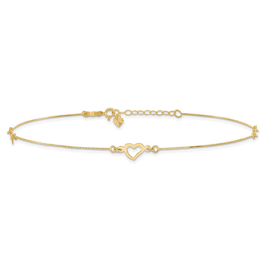 14k Diamond-cut Open Heart 3-Station 10 inch Plus 1 inch Extender - Total 11 inch Anklet