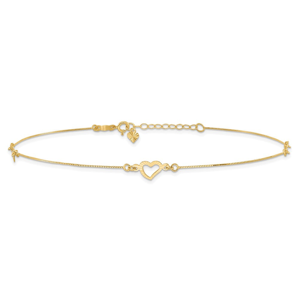 14k Diamond-cut Open Heart 3-Station 10 inch Plus 1 inch Extender - Total 11 inch Anklet