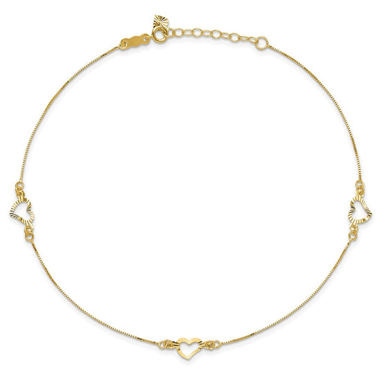 14k Diamond-cut Open Heart 3-Station 10 inch Plus 1 inch Extender - Total 11 inch Anklet