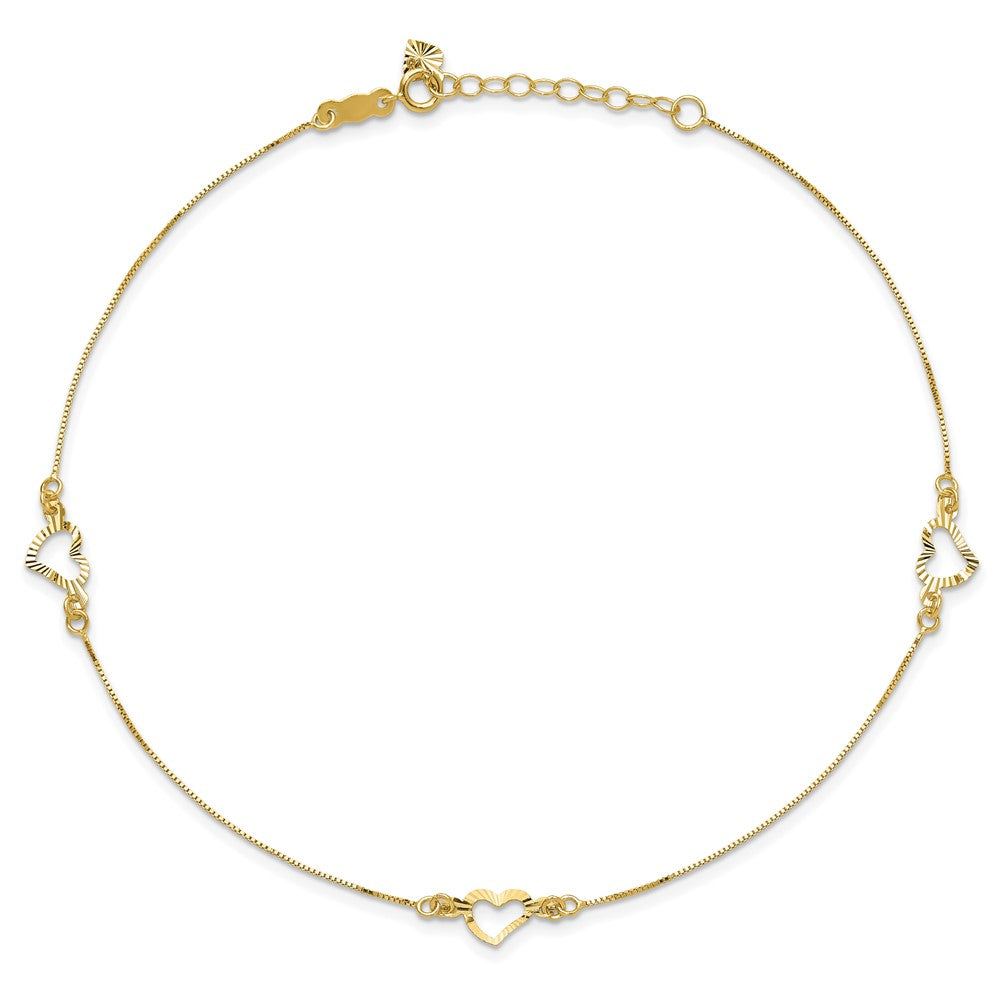 14k Diamond-cut Open Heart 3-Station 10 inch Plus 1 inch Extender - Total 11 inch Anklet